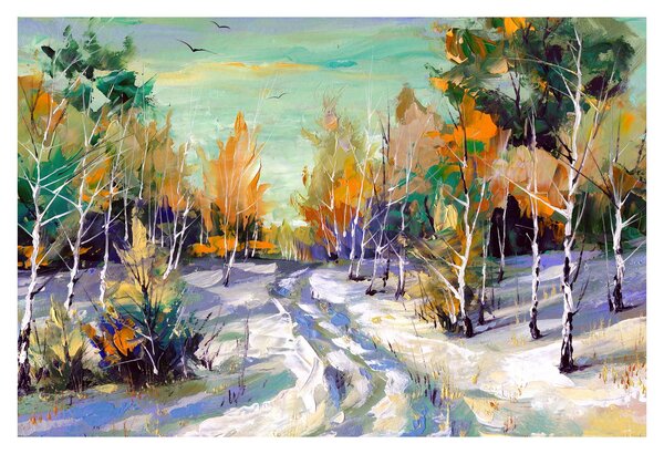 Slika - Zasnežena pot skozi gozd, oljna slika (90x60 cm)