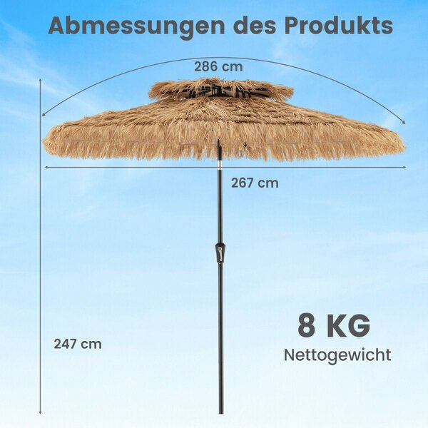 247 cm visok tiki vrtni suncobran i havajskom stilu s 8 rebara i slamnatom krovnom konstrukcijom