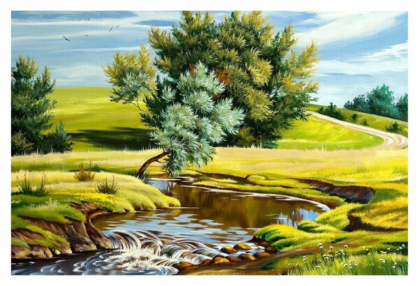 Slika - Reka med travniki, oljna slika (90x60 cm)