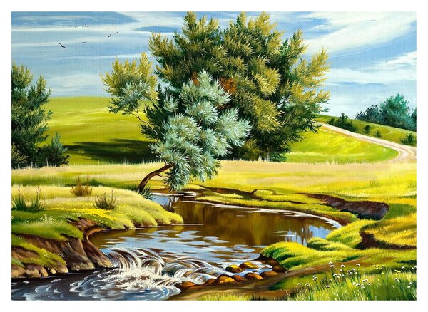 Slika - Reka med travniki, oljna slika (70x50 cm)