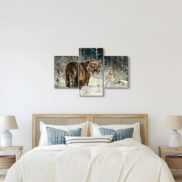 Slika - Tiger v zasneženem gozdu, oljna slika (90x60 cm)