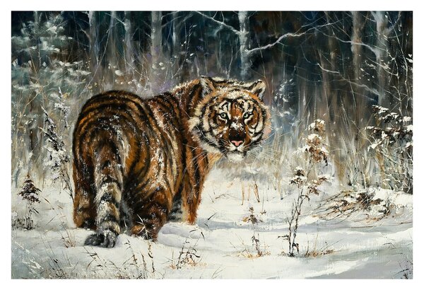 Slika - Tiger v zasneženem gozdu, oljna slika (90x60 cm)