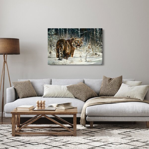 Slika - Tiger v zasneženem gozdu, oljna slika (90x60 cm)