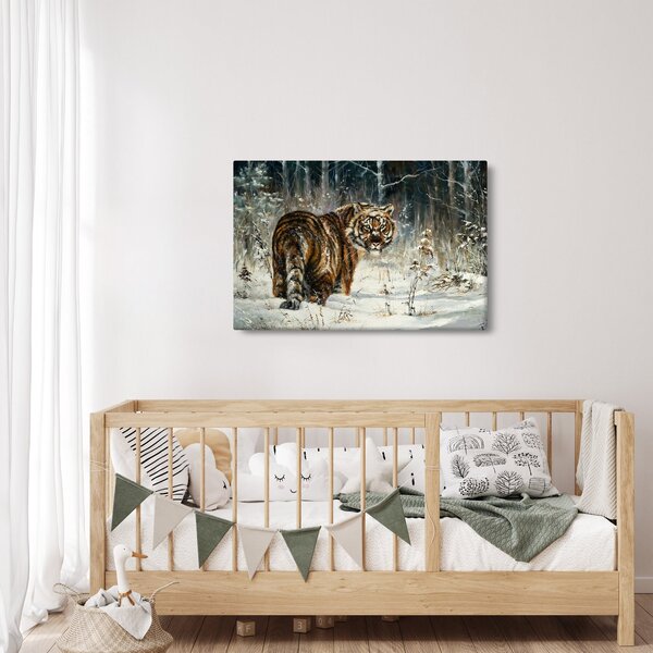 Slika - Tiger v zasneženem gozdu, oljna slika (90x60 cm)