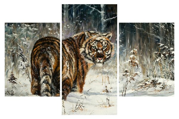 Slika - Tiger v zasneženem gozdu, oljna slika (90x60 cm)