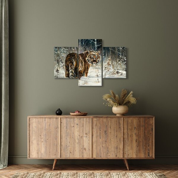 Slika - Tiger v zasneženem gozdu, oljna slika (90x60 cm)