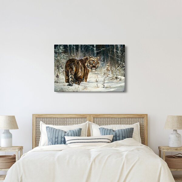 Slika - Tiger v zasneženem gozdu, oljna slika (90x60 cm)