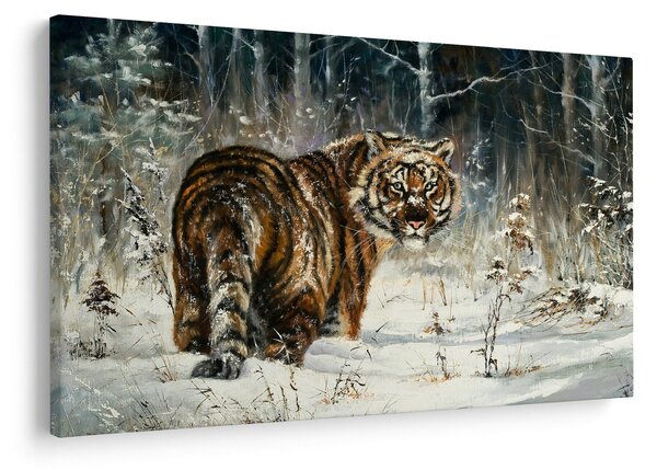 Slika - Tiger v zasneženem gozdu, oljna slika (90x60 cm)