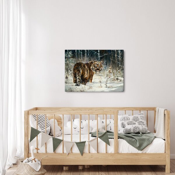 Slika - Tiger v zasneženem gozdu, oljna slika (70x50 cm)