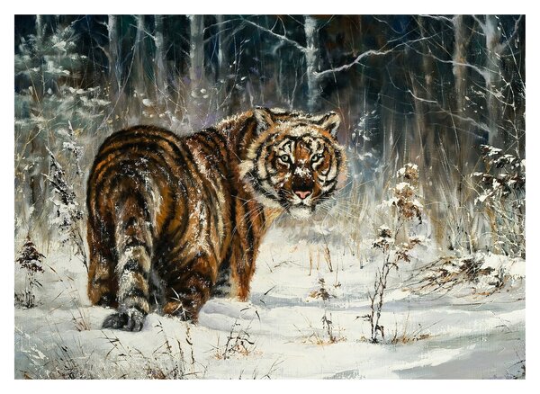 Slika - Tiger v zasneženem gozdu, oljna slika (70x50 cm)
