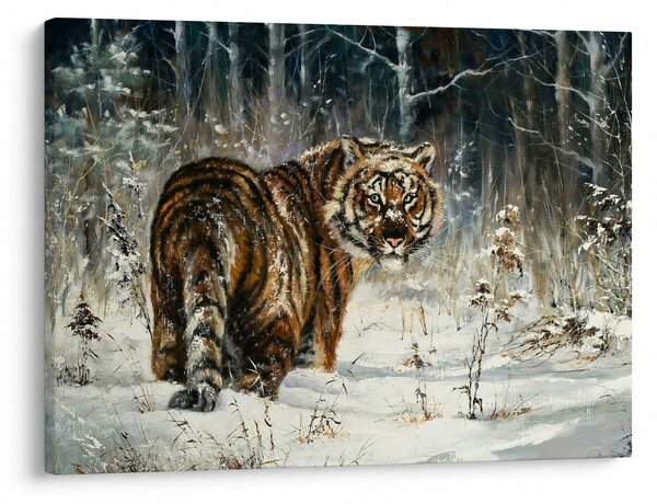 Slika - Tiger v zasneženem gozdu, oljna slika (70x50 cm)