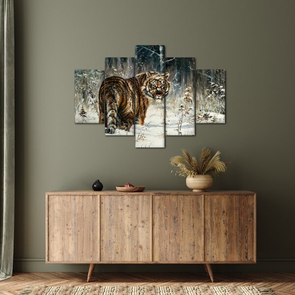 Slika - Tiger v zasneženem gozdu, oljna slika (150x105 cm)