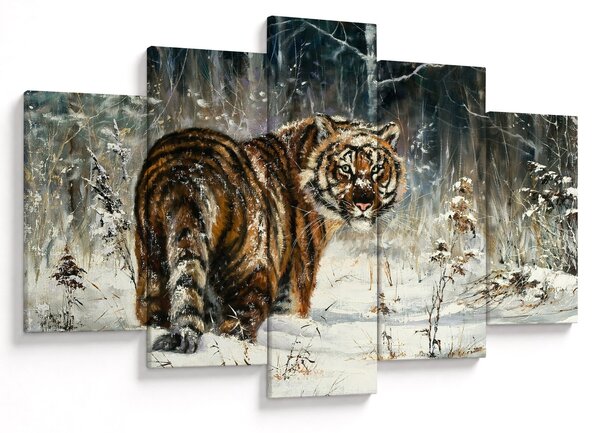 Slika - Tiger v zasneženem gozdu, oljna slika (150x105 cm)