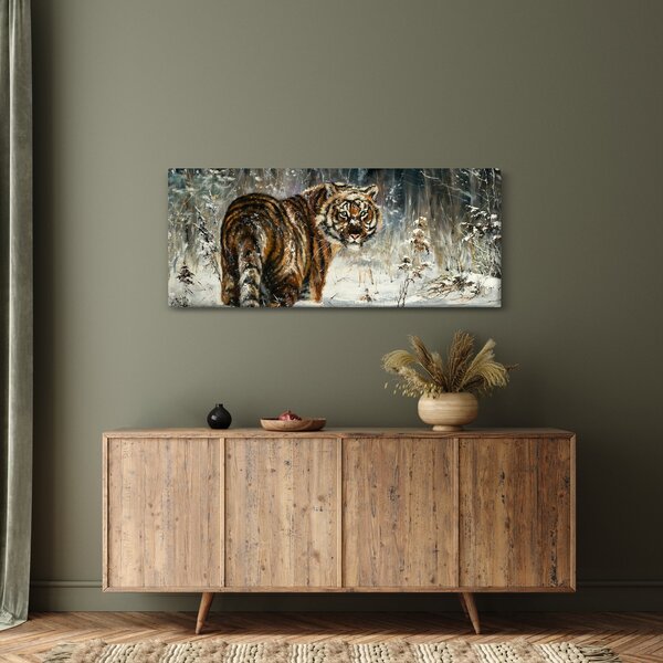 Slika - Tiger v zasneženem gozdu, oljna slika (120x50 cm)