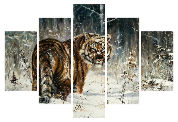 Slika - Tiger v zasneženem gozdu, oljna slika (150x105 cm)