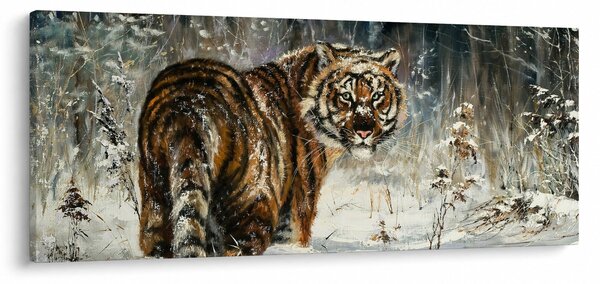 Slika - Tiger v zasneženem gozdu, oljna slika (120x50 cm)