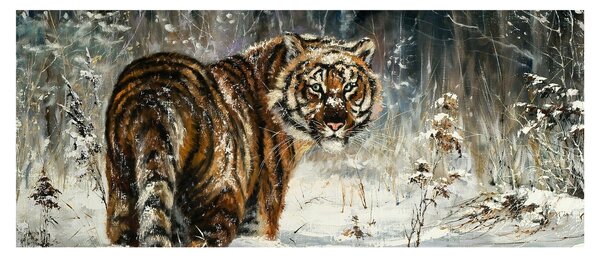 Slika - Tiger v zasneženem gozdu, oljna slika (120x50 cm)