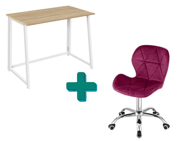 Set za ured – sklopivi radni stol ZARIMO 80×40 cm bijeli + uredska stolica AVOLA VELVET vinska crvena