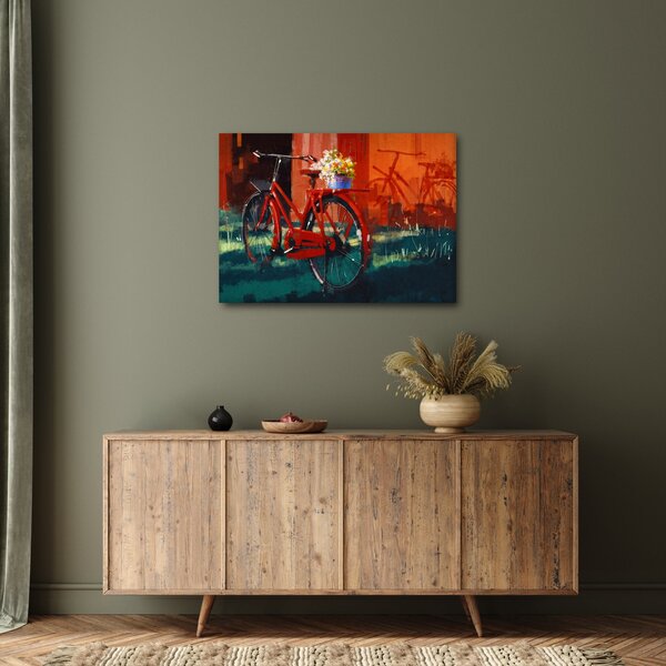 Poslikava rdečega kolesa, slika z akrilom (70x50 cm)