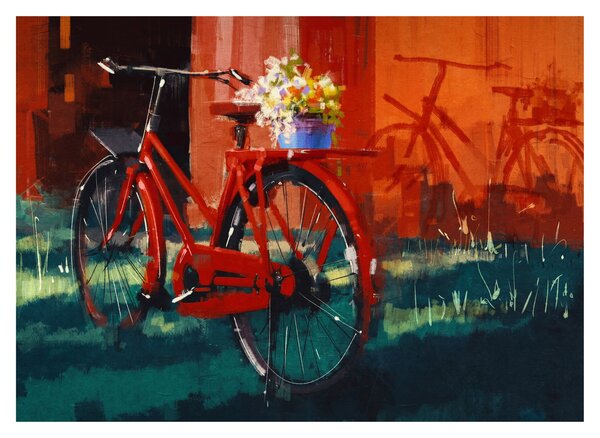 Poslikava rdečega kolesa, slika z akrilom (70x50 cm)