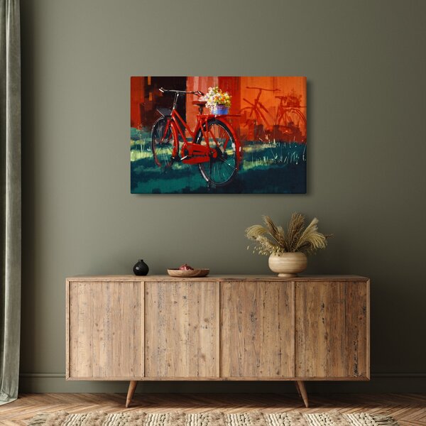 Poslikava rdečega kolesa, slika z akrilom (90x60 cm)