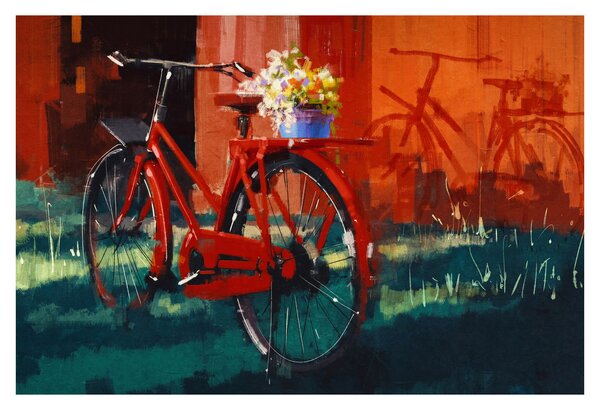 Poslikava rdečega kolesa, slika z akrilom (90x60 cm)