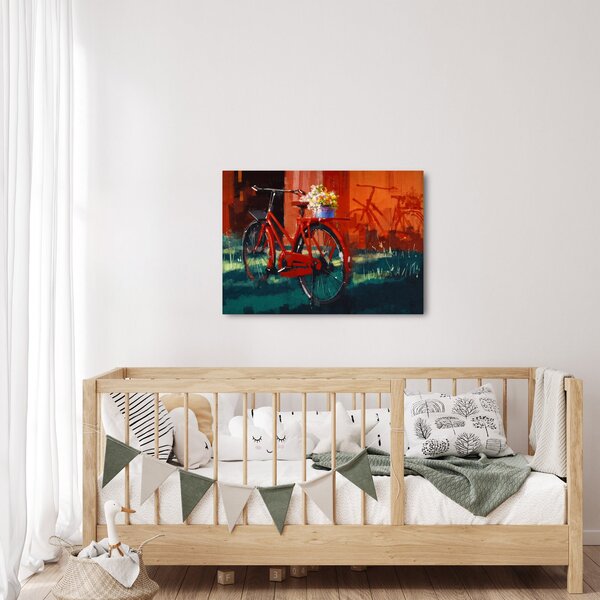 Poslikava rdečega kolesa, slika z akrilom (70x50 cm)