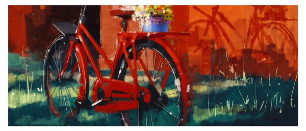 Poslikava rdečega kolesa, slika z akrilom (120x50 cm)