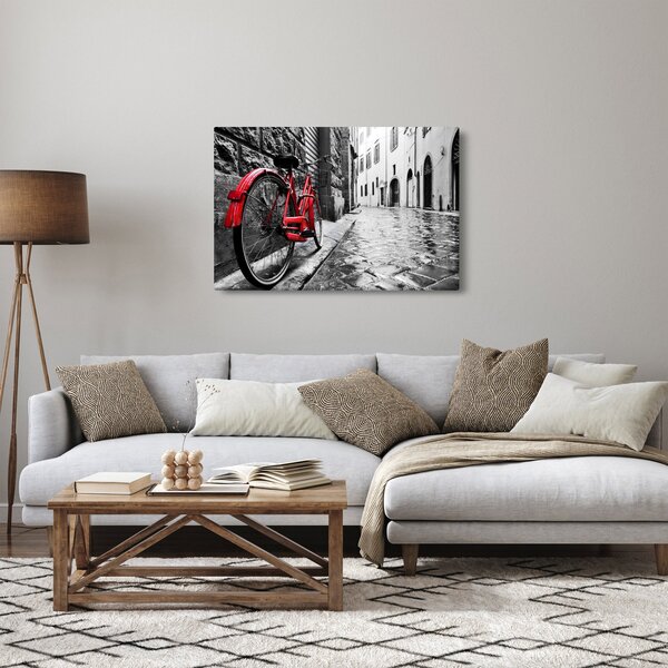 Slika rdečega kolesa na tlakovani ulici (90x60 cm)