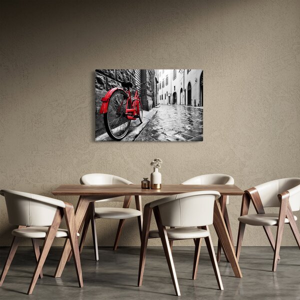 Slika rdečega kolesa na tlakovani ulici (90x60 cm)
