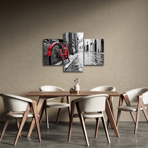 Slika rdečega kolesa na tlakovani ulici (90x60 cm)