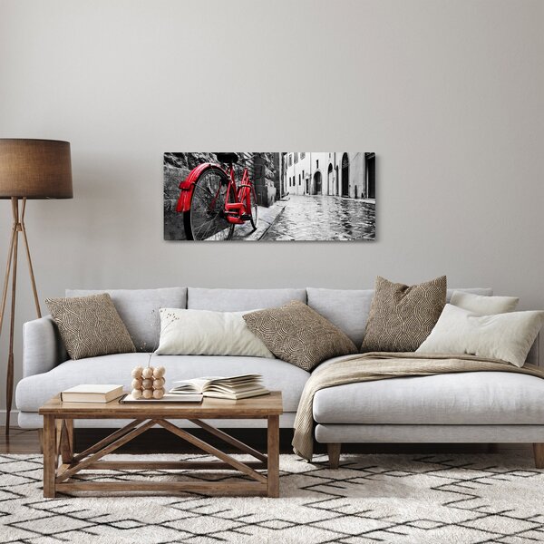 Slika rdečega kolesa na tlakovani ulici (120x50 cm)