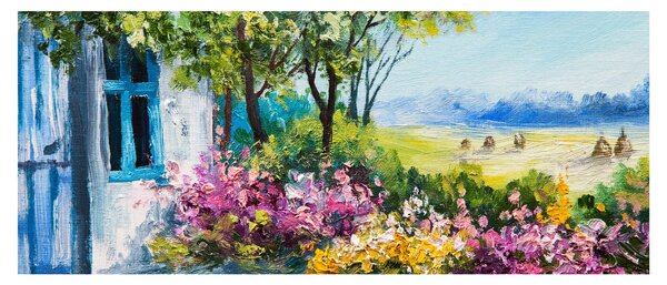 Slika vrta pred hišo, oljna slika (120x50 cm)