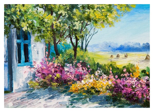 Slika vrta pred hišo, oljna slika (70x50 cm)