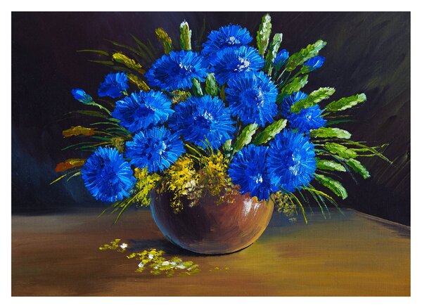 Slika modrih rož v vazi (70x50 cm)