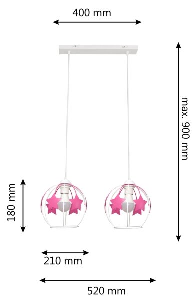 Dječji luster na sajli STARS 2xE27/15W/230V ružičasta/bijela