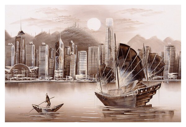 Slika - Victoria Harbour, Hong Kong, učinek sepije (90x60 cm)