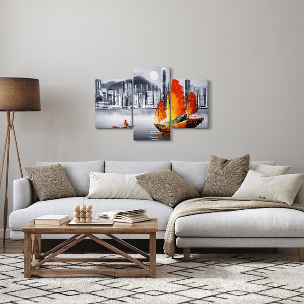 Slika - Victoria Harbor, Hong Kong, črno-bela oljna slika (90x60 cm)