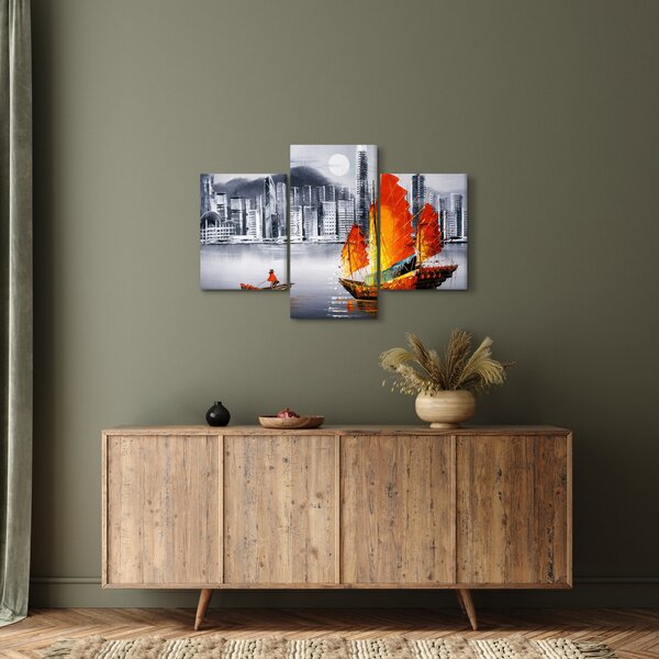 Slika - Victoria Harbor, Hong Kong, črno-bela oljna slika (90x60 cm)