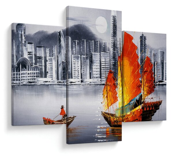 Slika - Victoria Harbor, Hong Kong, črno-bela oljna slika (90x60 cm)
