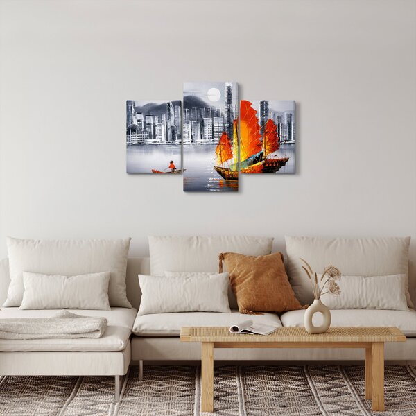 Slika - Victoria Harbor, Hong Kong, črno-bela oljna slika (90x60 cm)