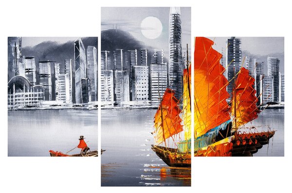 Slika - Victoria Harbor, Hong Kong, črno-bela oljna slika (90x60 cm)