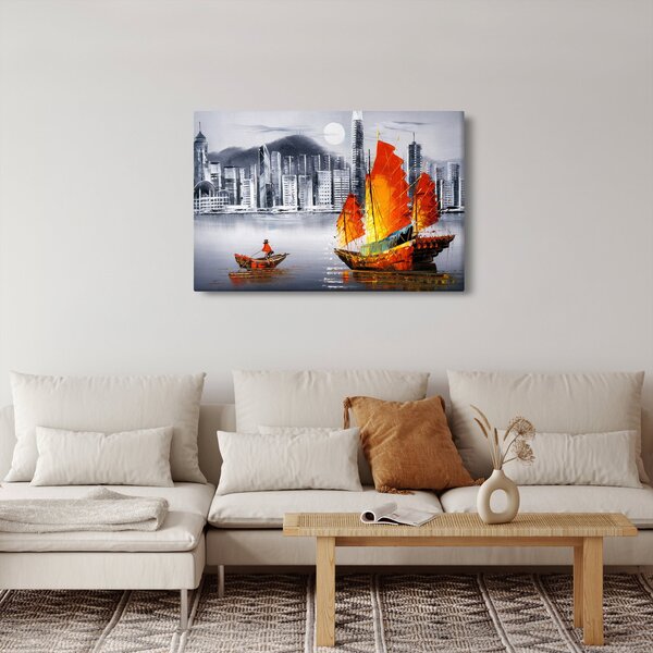 Slika - Victoria Harbor, Hong Kong, črno-bela oljna slika (90x60 cm)