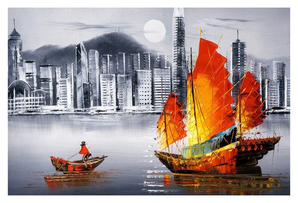 Slika - Victoria Harbor, Hong Kong, črno-bela oljna slika (90x60 cm)