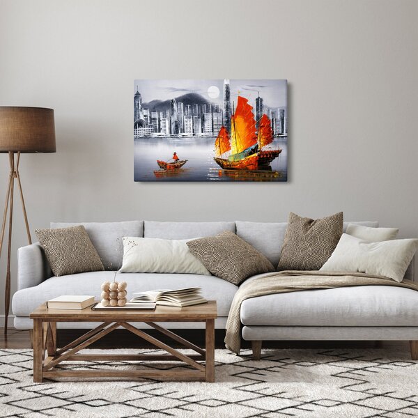 Slika - Victoria Harbor, Hong Kong, črno-bela oljna slika (90x60 cm)