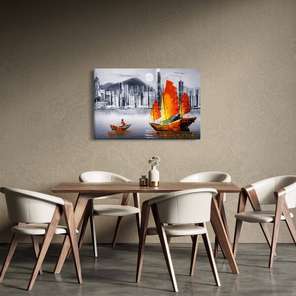 Slika - Victoria Harbor, Hong Kong, črno-bela oljna slika (90x60 cm)
