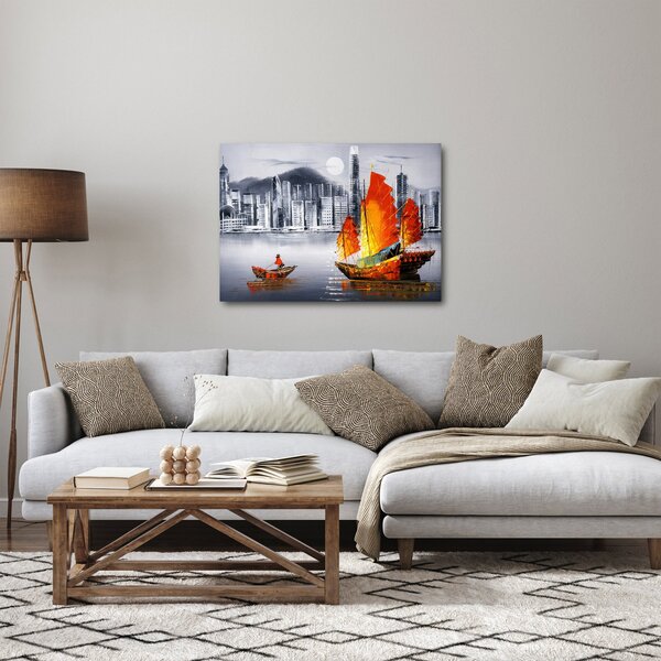 Slika - Victoria Harbor, Hong Kong, črno-bela oljna slika (70x50 cm)