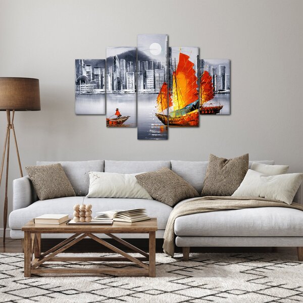Slika - Victoria Harbor, Hong Kong, črno-bela oljna slika (150x105 cm)
