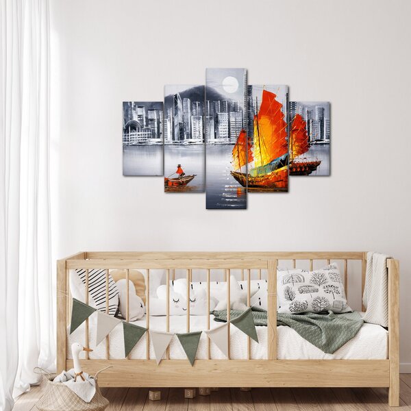 Slika - Victoria Harbor, Hong Kong, črno-bela oljna slika (150x105 cm)
