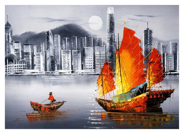 Slika - Victoria Harbor, Hong Kong, črno-bela oljna slika (70x50 cm)
